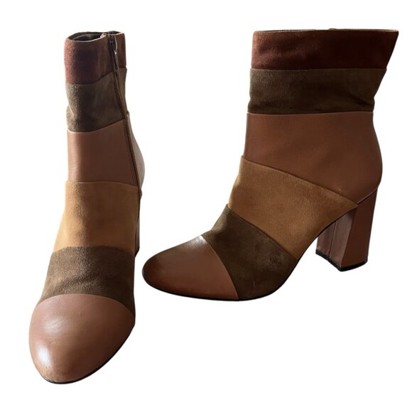 Poetic Licence Shoes - Poetic Licence Women's 7.5 Tan Leather Booties Patchwork Places Heeled London